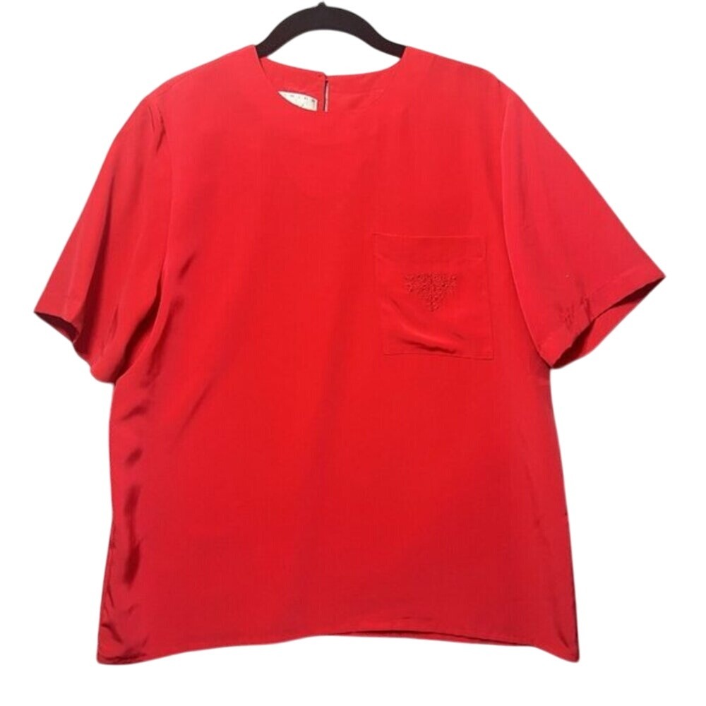 Fashion Attitudes Vintage Red Short Sleeve Embroidered Pocket Blouse Top Size 10